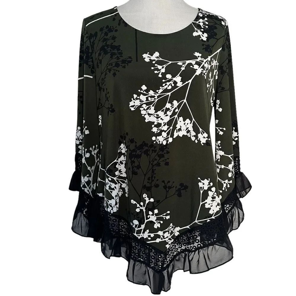 Flowy Green Floral Y2K Fairycore Whimsical Wide Long Bell Sleeve Goth Blouse Top